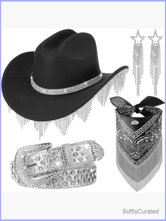Cowgirl Hat Set with Rhinestone Fringe Hat Belt Earrings Bandana